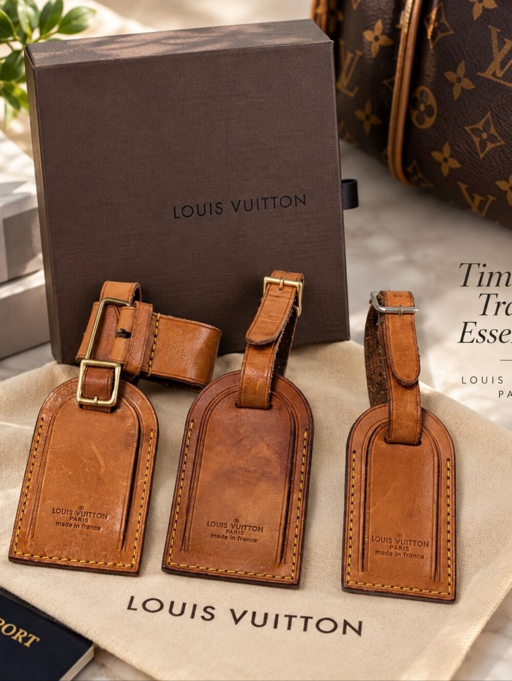 Vintage Louis Vuitton Leather Luggage Tags Set of 3 w/ Original Box